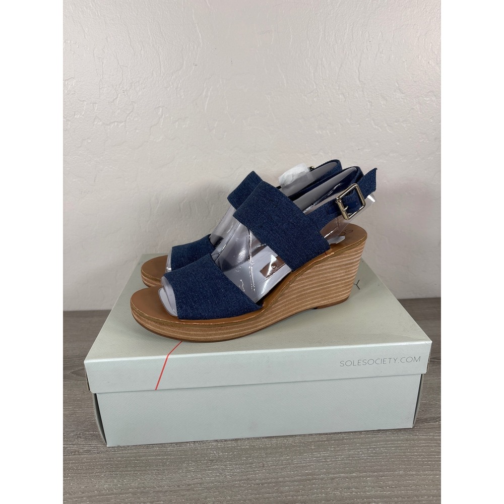 Sole Society Navy Denim Wedge Sandals Slingback Open Toe Stacked Heel 8M